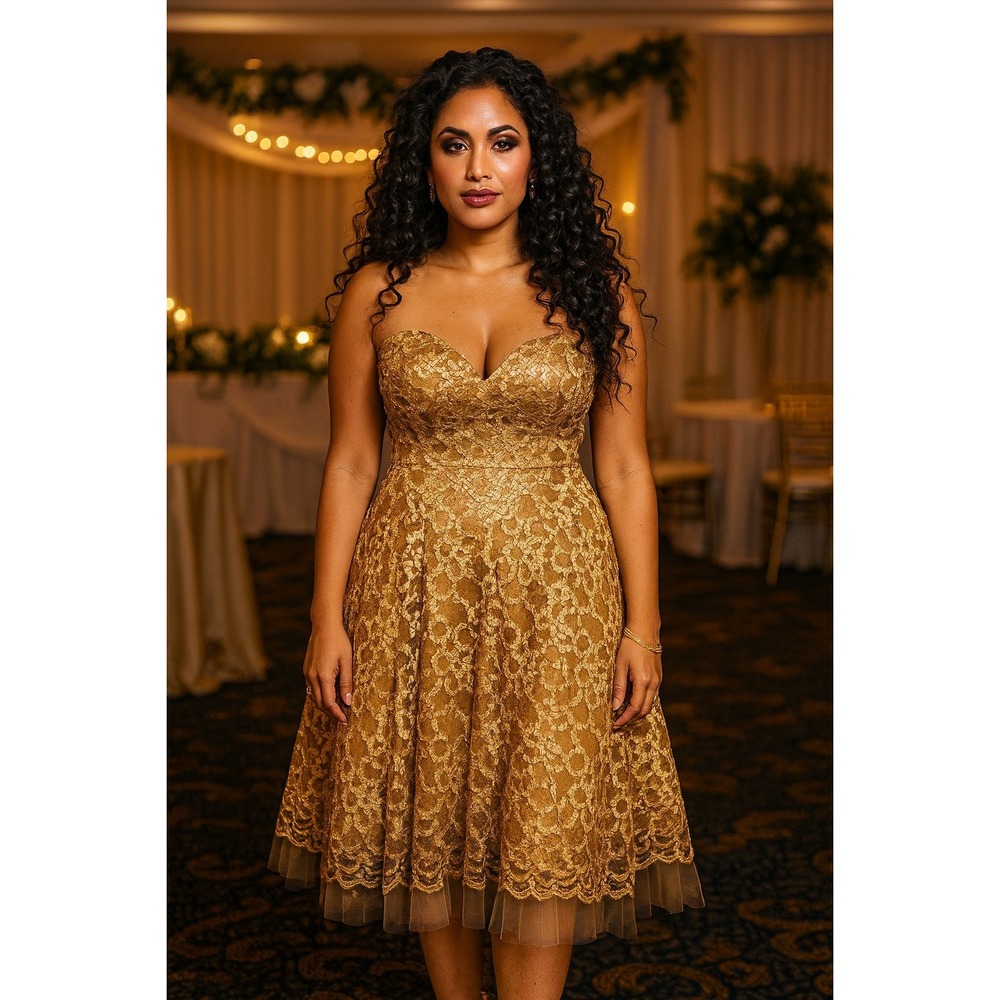Niki Livas Gold Lace Strapless Sweetheart Neckline A Line‎ Dress Size 4